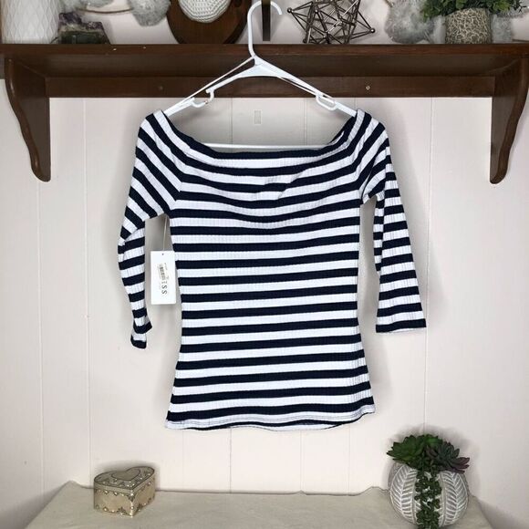 Guess Women's Gibson Striped Rib-Knit Off-the-Shoulder Top Medium NWT - Picture 2 of 5